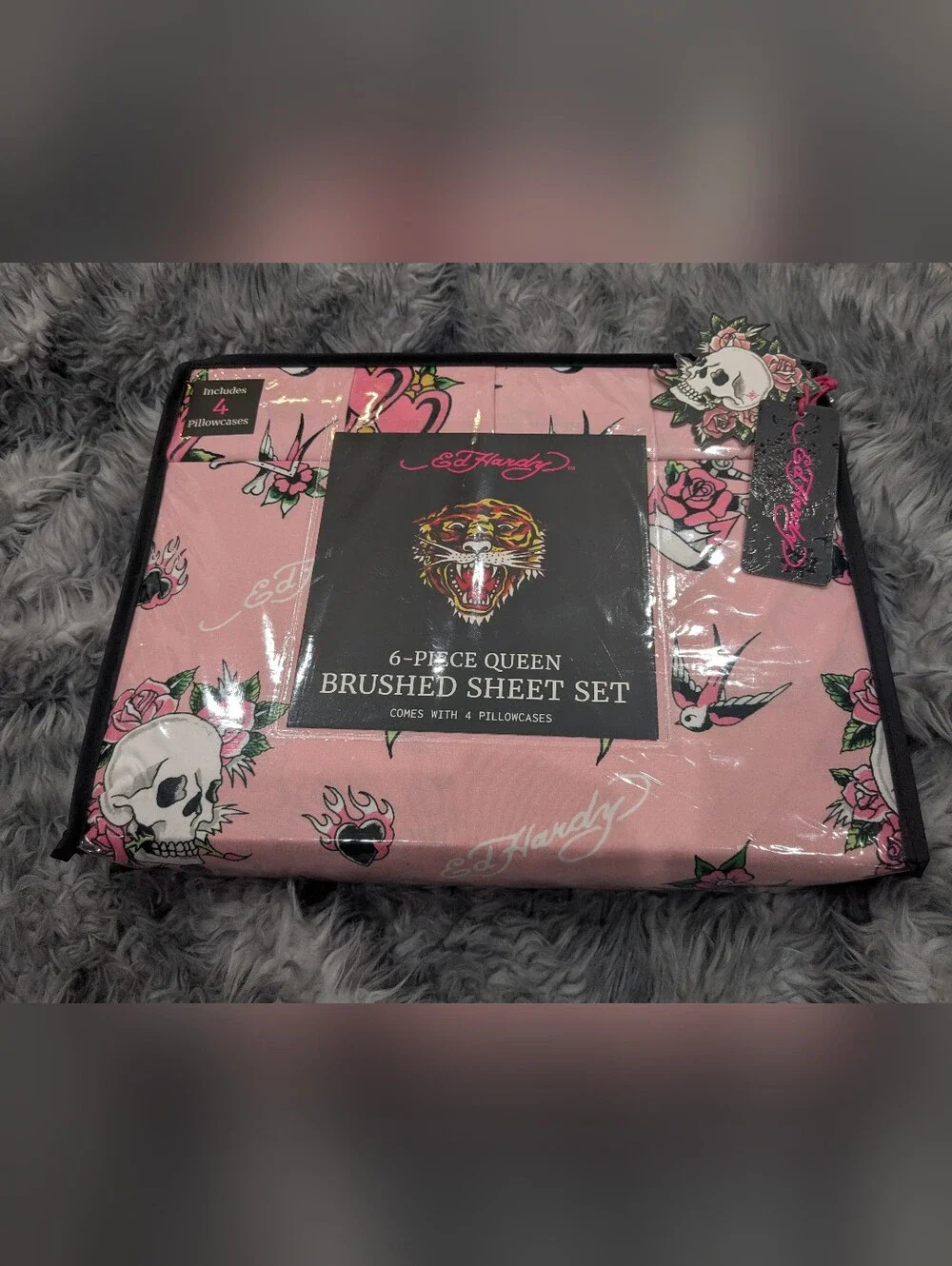 Ed Hardy Pink Skull & Rose Brushed Queen Sheet Set